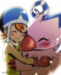  ^_^ absurdres bird closed_eyes commentary_request digimon digimon_adventure gloves hat highres hug izou_(sengoku0509) mizutani_yuuko orange_hair piyomon short_hair smile takenouchi_sora twitter_username 