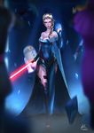  adapted_costume anna_(frozen) astromech_droid blonde_hair breasts cape cleavage crossover dark_persona darksider_(star_wars) dress elsa_(frozen) energy_sword frozen_(disney) glowing glowing_weapon highres large_breasts lightsaber long_hair parody r2-d2 raikoart sith star_wars sword tattoo weapon yellow_eyes 