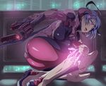  ass blue_hair bodysuit breasts gun handgun headwear_removed helmet helmet_removed highres large_breasts lips long_hair mirage_(warframe) otoi_rekomaru pink_eyes pistol smile solo thick_thighs thighs warframe weapon 