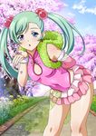  blue_eyes breasts cherry_blossoms cleavage_cutout day earrings green_hair hair_bobbles hair_ornament ikkitousen jewelry long_hair looking_at_viewer magatama magatama_earrings outdoors see-through shokatsuryou_koumei small_breasts solo twintails 