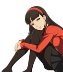  absurdres amagi_yukiko black_eyes black_hair black_legwear black_skirt hairband highres long_hair looking_at_viewer pantyhose persona persona_4 pleated_skirt simple_background skirt smile sogabe_shuuji solo white_background 