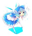  adapted_costume blue_dress blue_eyes blue_footwear blue_hair bow cirno dress elbow_gloves full_body gloves hair_bow high_heels highres ice ice_wings open_mouth puffy_sleeves ribbon shoes short_hair short_sleeves solo thighhighs touhou uta_(kuroneko) waving white_gloves white_legwear wings 