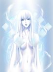  1girl blue_eyes breasts cephalon_suda cephalon_suda_(warframe) female gradient gradient_background hologram nude solo warframe white_hair 