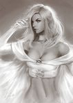  bare_shoulders breasts cape choker cleavage elbow_gloves emma_frost gloves large_breasts long_hair marvel monochrome raikoart sketch solo x-men 