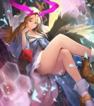  1girl akira0171 black_wings blue_bow bow breasts brown_hair cleavage clenched_hand dress foot_out_of_frame hand_up highres legs_crossed looking_at_viewer medium_breasts purple_eyes sitting solo wings 