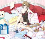  1boy barefoot bed blush brown_hair cardfight!!_vanguard dildo green_eyes kai_toshiki looking_away male_focus muscle nipples pillow present sex_toy solo tissue 