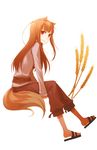  animal_ears ayakura_juu brown_hair holo long_hair looking_at_viewer red_eyes simple_background sitting smile solo spice_and_wolf tail wheat white_background wolf_ears wolf_tail 