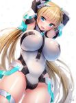  1girl angela_balzac arms_up blonde_hair blue_eyes blush breasts covered_navel deva_battle_suit doyouwantto elbow_gloves erect_nipples gloves headgear highleg highleg_leotard impossible_clothes impossible_leotard large_breasts leotard long_hair looking_at_viewer low_twintails open_mouth rakuen_tsuihou signature simple_background smile solo twintails very_long_hair white_background white_leotard 