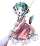  :d animal_ears bamboo_broom broom dog_ears dog_tail dress floppy_ears green_eyes green_hair highres kasodani_kyouko open_mouth sanso short_hair smile solo tail touhou white_background 