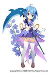  ahoge blue_bow blue_eyes blue_hair blue_skirt bow brown_footwear delphinium_(flower_knight_girl) dolphin flower flower_knight_girl full_body holding holding_scythe holding_weapon larkspur_(flower) looking_at_viewer object_namesake official_art scythe shoes short_hair skirt smile solo standing sugimeno thighhighs weapon white_legwear zettai_ryouiki 