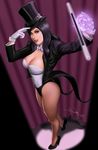  adjusting_clothes adjusting_hat black_hair breasts coattails dc_comics gloves glowing hat iury_padilha large_breasts long_hair magician smile solo top_hat wand white_gloves zatanna_zatara 
