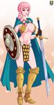  absurdres bikini_armor braid breasts cape gladiator kyoffie large_breasts lips midriff navel one_piece pink_hair rebecca_(one_piece) red_eyes shield sword thighs weapon 