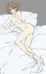  1boy ass bed bed_sheet blush brown_hair cardfight!!_vanguard full_body green_eyes kai_toshiki looking_away male_focus muscle nude pillow smile solo 