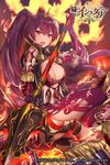  age_of_ishtaria armor bangs breasts copyright_name crossed_legs eyebrows_visible_through_hair fang fire gauntlets hair_between_eyes highres holding holding_spear holding_weapon large_breasts long_hair looking_at_viewer official_art open_mouth polearm ponytail purple_hair red_eyes sitting smile solo spear very_long_hair watermark weapon yaman yukimura_(ishtaria) 