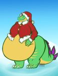  2018 3_toes anthro belly big_belly christmas claws clothing colored digital_drawing_(artwork) digital_media_(artwork) dinosaur eyes_closed hat holidays hyper hyper_belly male naughtygryph overweight overweight_male reptile santa_hat scalie simple_background smile solo standing thick_thighs toe_claws toes wide_hips 