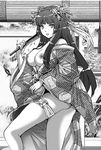  ass bare_shoulders breasts breasts_outside cleavage fan greyscale hair_ornament huge_breasts japanese_clothes kimono long_hair looking_at_viewer monochrome off_shoulder open_clothes open_kimono original parted_lips solo yamasaki_masato 