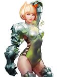  animal_ears armor armored_boots artist_name bikini_armor blonde_hair blue_eyes boots contrapposto covered_navel cross-laced_clothes gauntlets lips looking_to_the_side original parted_lips pauldrons simple_background solo standing white_background yang_hm 