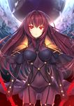  armor bodysuit breasts capelet covered_navel cowboy_shot eyebrows eyebrows_visible_through_hair fate/grand_order fate_(series) gae_bolg glint glowing glowing_weapon holding holding_weapon kagachi_saku large_breasts long_hair looking_at_viewer parted_lips purple_bodysuit purple_hair red_eyes scathach_(fate)_(all) scathach_(fate/grand_order) serious shoulder_pads skin_tight solo very_long_hair weapon 