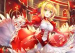  :d ahoge banner blonde_hair breasts cleavage commentary_request corset cowboy_shot dress epaulettes fate/extra fate_(series) green_eyes hair_intakes hair_ribbon head_wreath indoors juliet_sleeves kagachi_saku long_sleeves looking_at_viewer medium_breasts nero_claudius_(fate) nero_claudius_(fate)_(all) open_mouth petals puffy_sleeves red_dress red_ribbon ribbon rose_petals short_hair smile solo twitter_username veil wide_sleeves 