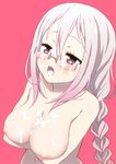  anne_happy bad_id bad_pixiv_id blush braid breast_hold breasts commentary_request crossed_arms glasses kumegawa_botan large_breasts long_hair navel nipples nude open_eyes open_mouth pink_background rimless_eyewear saiko_dagashi silver_hair simple_background solo suggestive_fluid twin_braids upper_body 