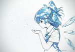  ainy77 bad_id bad_twitter_id blowing blue_dress blue_eyes blue_hair bow cirno dress hair_bow highres ice ice_wings monochrome ribbon short_hair short_sleeves solo touhou traditional_media vignetting wings 