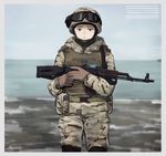  assault_rifle black_footwear boots border brown_eyes brown_gloves closed_mouth cowboy_shot day expressionless gloves goggles goggles_on_head gun helmet holding holding_weapon knee_boots looking_at_viewer military military_uniform msc_nm ocean original rifle seaside sky solo standing translated ukraine ukrainian ukrainian_flag uniform weapon 