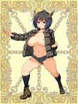  animal_ears aqua_eyes areolae black_hair breasts character_request denim fighting_stance full_body jacket kerberos_blade large_breasts legs_apart long_sleeves mouth_hold navel no_bra no_shirt official_art open_clothes open_jacket ryoji_(nomura_ryouji) short_hair short_shorts shorts solo striped striped_legwear 