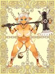  animal_ears aqua_eyes areola_slip areolae axe barefoot bell bodypaint breasts carrying_over_shoulder character_request collar covered_nipples cow_bell cow_girl cow_tail earrings full_body gloves jewelry kerberos_blade large_breasts legs_apart looking_at_viewer markings navel nude ryoji_(nomura_ryouji) smile solo tail weapon 