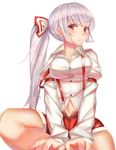  adapted_costume alternate_hairstyle ashu breasts commentary_request fujiwara_no_mokou hair_ribbon highres juliet_sleeves large_breasts long_hair long_sleeves looking_at_viewer navel ponytail puffy_sleeves red_eyes ribbon short_shorts shorts silver_hair sitting solo suspenders suspenders_slip touhou very_long_hair 