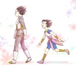  armor black_eyes black_hair boots dragon_ball dragon_ball_super floral_background from_side fuoore_(fore0042) gloves height_difference kyabe male_focus multiple_boys open_mouth smile vegeta walking white_footwear white_gloves wristband 