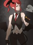  adapted_costume alternate_hairstyle amino_(tn7135) bad_id bad_pixiv_id bare_shoulders bat_wings belly_peek belt cigar contrapposto demon_tail gloves head_wings holding koakuma long_hair looking_at_viewer low_wings navel necktie pants pointy_ears ponytail red_eyes red_hair red_neckwear sidelocks sleeveless slit_pupils smoke smoking solo standing tail touhou vest wings 