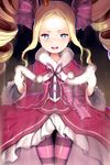  artist_name beatrice_(re:zero) blonde_hair blue_eyes bow brown_background capelet colored_stripes cowboy_shot crown digital_dissolve dress drill_hair fur_trim gloves hair_bow hews_hack looking_at_viewer md5_mismatch mini_crown open_mouth pantyhose pink_bow pink_dress pom_pom_(clothes) re:zero_kara_hajimeru_isekai_seikatsu simple_background solo standing striped striped_legwear symbol-shaped_pupils twin_drills twintails white_gloves 