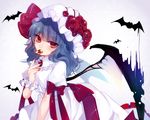  arm_ribbon bat bat_wings blue_hair brooch cookie daimaou_ruaeru dress flower food hat hat_flower highres jewelry looking_at_viewer mob_cap mouth_hold puffy_short_sleeves puffy_sleeves red_eyes remilia_scarlet ribbon sash short_sleeves smile solo touhou white_dress wings wrist_cuffs 