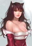  2015 ahri animal_ears bare_shoulders brown_hair collarbone dated detached_sleeves facial_mark korean_clothes league_of_legends lips long_hair looking_to_the_side smile solo wavy_hair whisker_markings yang_hm 