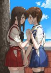  akagi_(kantai_collection) bandaid blush brown_eyes brown_hair fukuroumori hakama_skirt highres holding_hands japanese_clothes kaga_(kantai_collection) kantai_collection long_hair miniskirt multiple_girls muneate side_ponytail skirt thighhighs yuri zettai_ryouiki 