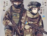  aks-74 assault_rifle balaclava camouflage color_guide covered_mouth gloves grey_background grey_gloves gun helmet holding holding_gun holding_weapon looking_at_viewer mask military military_uniform msc_nm original rifle simple_background sketch translated trigger_discipline ukraine ukrainian ukrainian_flag uniform weapon 