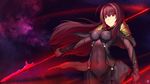  bodysuit breasts covered_navel fate/grand_order fate_(series) gae_bolg highres long_hair mahousho medium_breasts polearm purple_bodysuit purple_hair red_eyes scathach_(fate)_(all) scathach_(fate/grand_order) solo spear weapon 