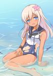  bad_id bad_pixiv_id blonde_hair blue_eyes flower hair_flower hair_ornament highres kantai_collection long_hair mutsuba_fumi one-piece_swimsuit open_mouth partially_submerged ro-500_(kantai_collection) school_swimsuit solo swimsuit tan tanline torn_clothes torn_swimsuit 