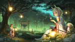  animal_ears bare_shoulders black_hair blue_eyes brown_hair detached_sleeves fireflies forest fox_ears fox_tail grey_hair hakama hakama_skirt highres holding japanese_clothes lantern light_particles long_hair low_twintails marsh miko multiple_girls nature night original outdoors parted_lips pinakes plant ribbon-trimmed_legwear ribbon-trimmed_sleeves ribbon_trim rock sandals shrine sitting socks standing tail thighhighs torii tree twintails water white_legwear wide_sleeves 