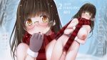  breast_hold breasts brown_hair calendar glasses gloves kozue_akari long_hair nipples nude orange_eyes original scarf snow waifu2x winter 