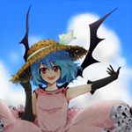  :d adapted_costume adjusting_clothes adjusting_hat armpits bat_wings black_gloves blue_hair blush cloud cloudy_sky commentary_request day dress elbow_gloves fangs gloves hat hat_ribbon ifuji_sakura looking_at_viewer open_mouth outstretched_arm pink_dress red_eyes remilia_scarlet ribbon short_hair skirt skirt_set sky sleeveless smile solo straw_hat sundress touhou upper_body wings 