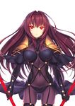  armor bodysuit breasts capelet commentary_request covered_navel cowboy_shot dual_wielding eyebrows eyebrows_visible_through_hair fate/grand_order fate_(series) gae_bolg glint glowing glowing_weapon holding holding_weapon kagachi_saku large_breasts long_hair looking_at_viewer parted_lips pauldrons purple_bodysuit purple_hair red_eyes scathach_(fate)_(all) scathach_(fate/grand_order) serious shoulder_pads simple_background skin_tight solo very_long_hair weapon white_background 