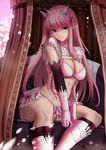  bangs blunt_bangs boots breasts chariot cleavage elbow_gloves fate/grand_order fate_(series) gloves highres kakeku large_breasts long_hair looking_at_viewer medb_(fate)_(all) medb_(fate/grand_order) naughty_face navel pink_hair red_eyes smile snowing solo thighs tiara v_arms 