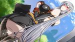  ass bare_shoulders blush breasts dutch_angle ebido from_behind gloves highres huge_breasts long_hair looking_at_viewer looking_back pale_skin red_eyes selvaria_bles senjou_no_valkyria silver_hair solo thighs thong very_long_hair wavy_mouth 