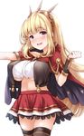  :d alternate_breast_size black_legwear blonde_hair blush breasts cagliostro_(granblue_fantasy) cape commentary_request cowboy_shot crop_top crop_top_overhang frilled_skirt frills granblue_fantasy hairband large_breasts long_hair looking_at_viewer midriff navel no_bra nose_blush open_mouth purple_eyes red_skirt simple_background skirt smile solo tareme thighhighs tiara underboob uni8 white_background zettai_ryouiki 