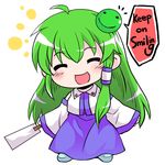  :d ^_^ alternate_hair_ornament aoi_tobira armored_core armored_core_4 blush chibi closed_eyes color_connection detached_sleeves english gohei green_hair hair_tubes head_tilt kochiya_sanae long_hair may_greenfield open_mouth parody smile solo touhou 