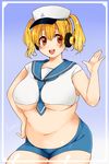  blonde_hair blush breasts hat headphones highres huge_breasts ikuta_na_ma looking_at_viewer midriff navel nitroplus open_mouth orange_eyes plump short_hair sleeveless smile solo super_pochaco twintails 
