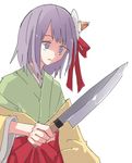  blade flower hair_flower hair_ornament hieda_no_akyuu japanese_clothes kimono kitchen_knife layered_clothing long_sleeves no_pupils parody parted_lips purple_eyes purple_hair shaded_face shiroshi_(denpa_eshidan) simple_background solo touhou tsukiji_uogashi_sandaime white_background wide_sleeves yandere 