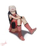  bare_shoulders baseball_cap beanie bianyuanqishi black_hair blue_eyes boots borrowed_garments hat hat_removed headwear_removed highres hikari_(pokemon) holding holding_hat light_smile long_hair miniskirt pink_footwear pink_scarf pink_skirt pokemon pokemon_(anime) scarf sitting skirt solo 