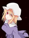  bangs black_background blonde_hair breasts darkness dress hair_between_eyes hat heterochromia light_particles long_sleeves looking_at_viewer maribel_hearn medium_breasts mob_cap purple_dress red_eyes red_pupils shiroshi_(denpa_eshidan) short_hair simple_background solo touhou yellow_eyes 